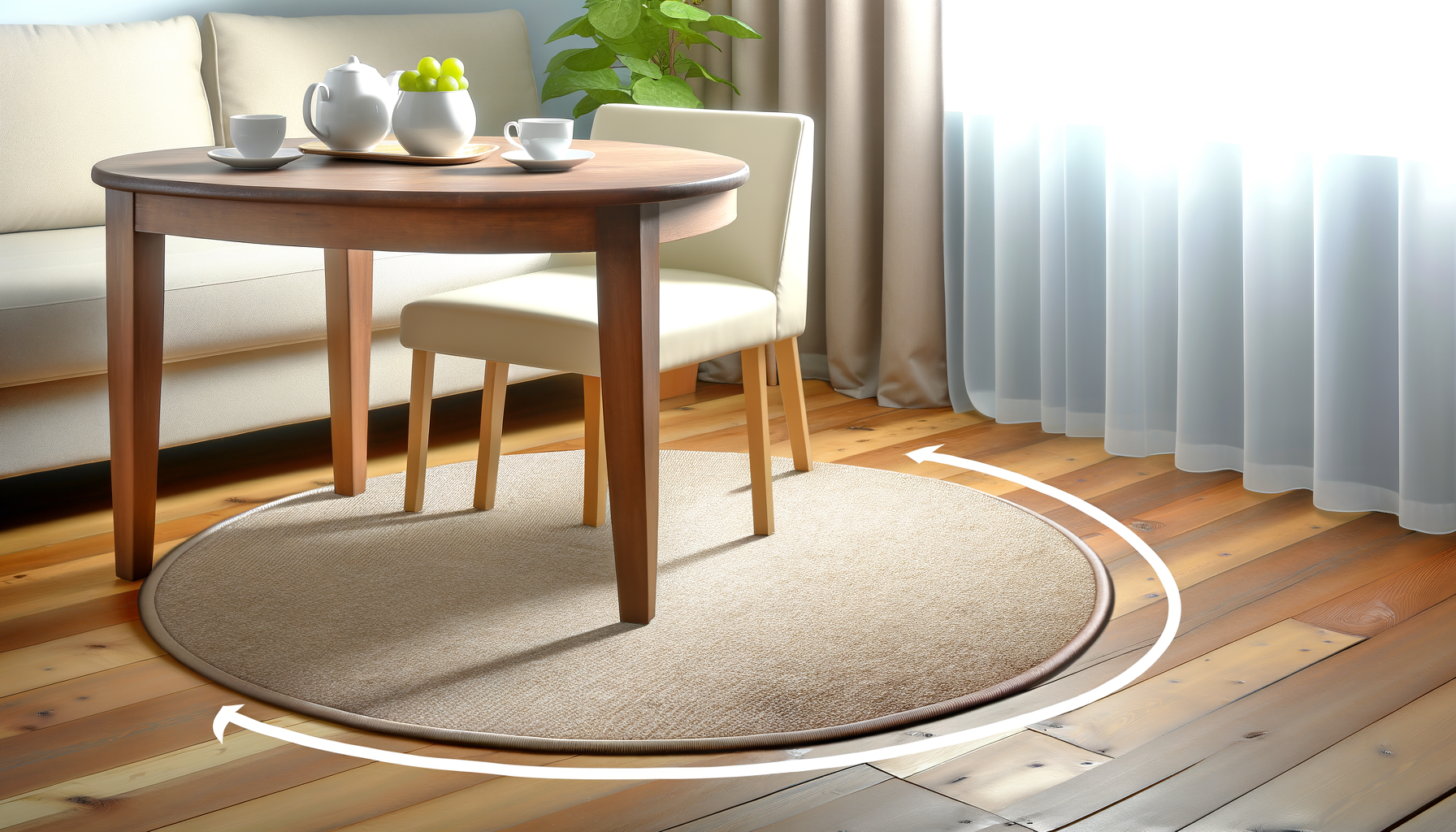 Hoe groot moet een rond kleed onder een tafel?