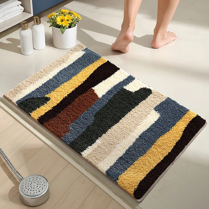 Geometric Bath Mat | Super Soft Microfiber Plush Rug | Quick Drying & High Absorbency | Abstract Striped Modern