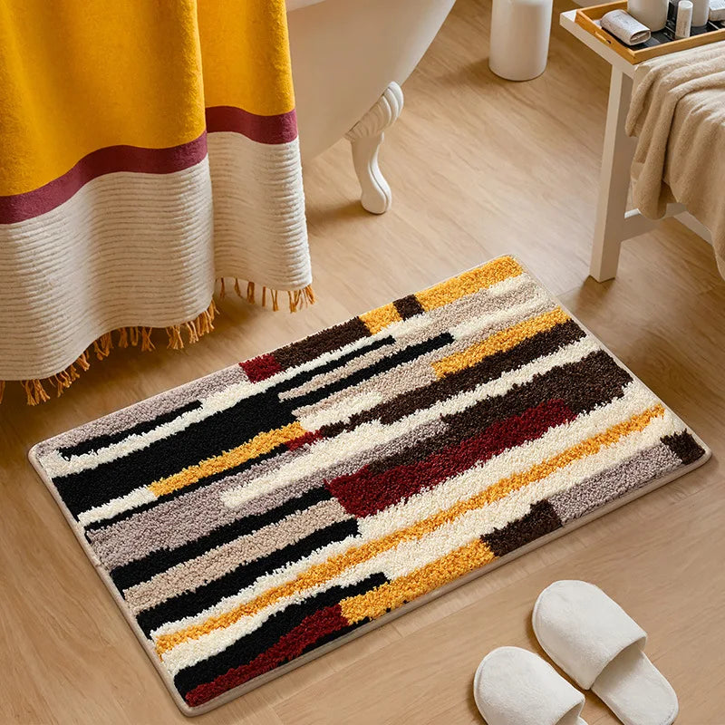 Geometric Bath Mat | Super Soft Microfiber Plush Rug | Quick Drying & High Absorbency | Abstract Striped Modern